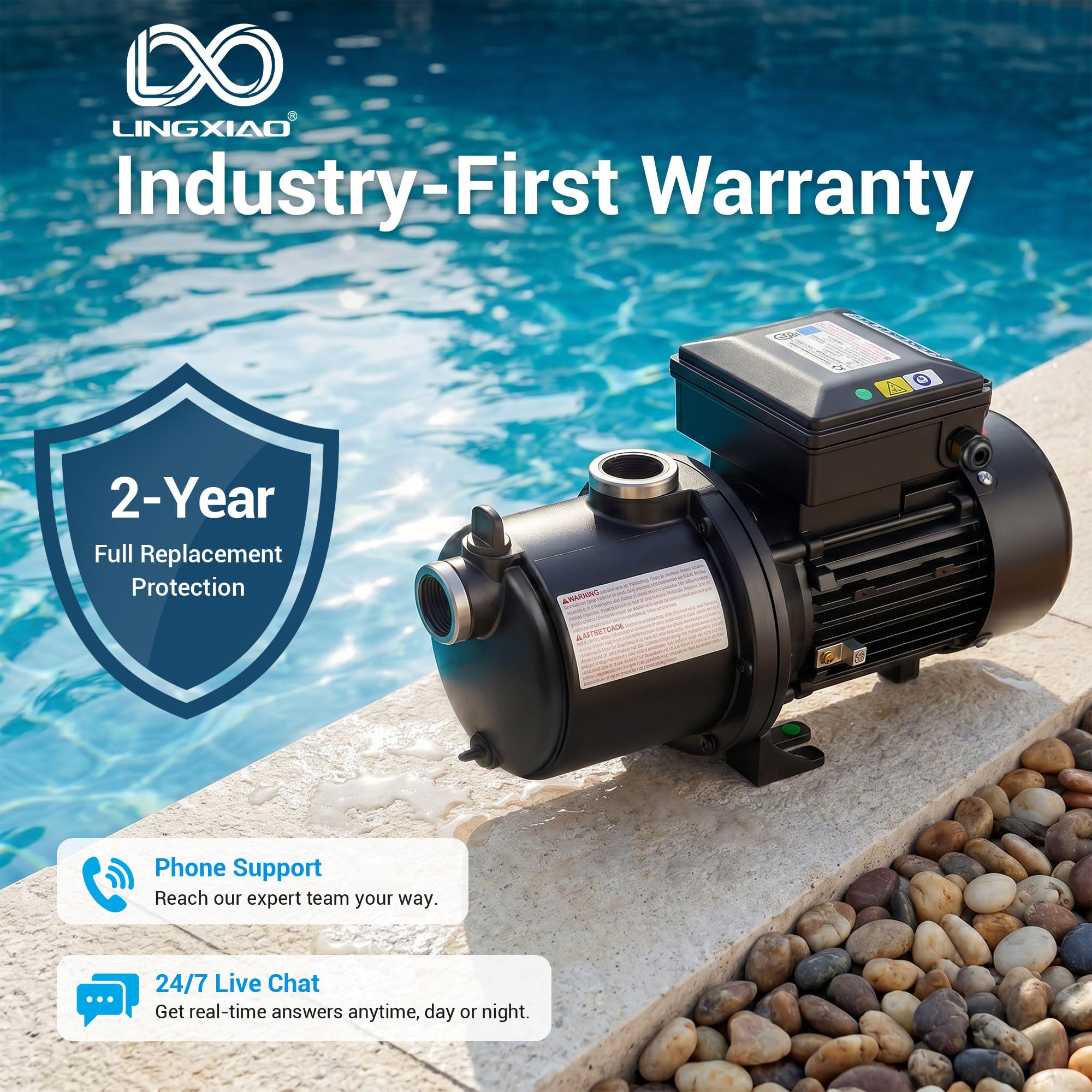 LINGXIAO open box with pump and accessories showing included parts and warranty