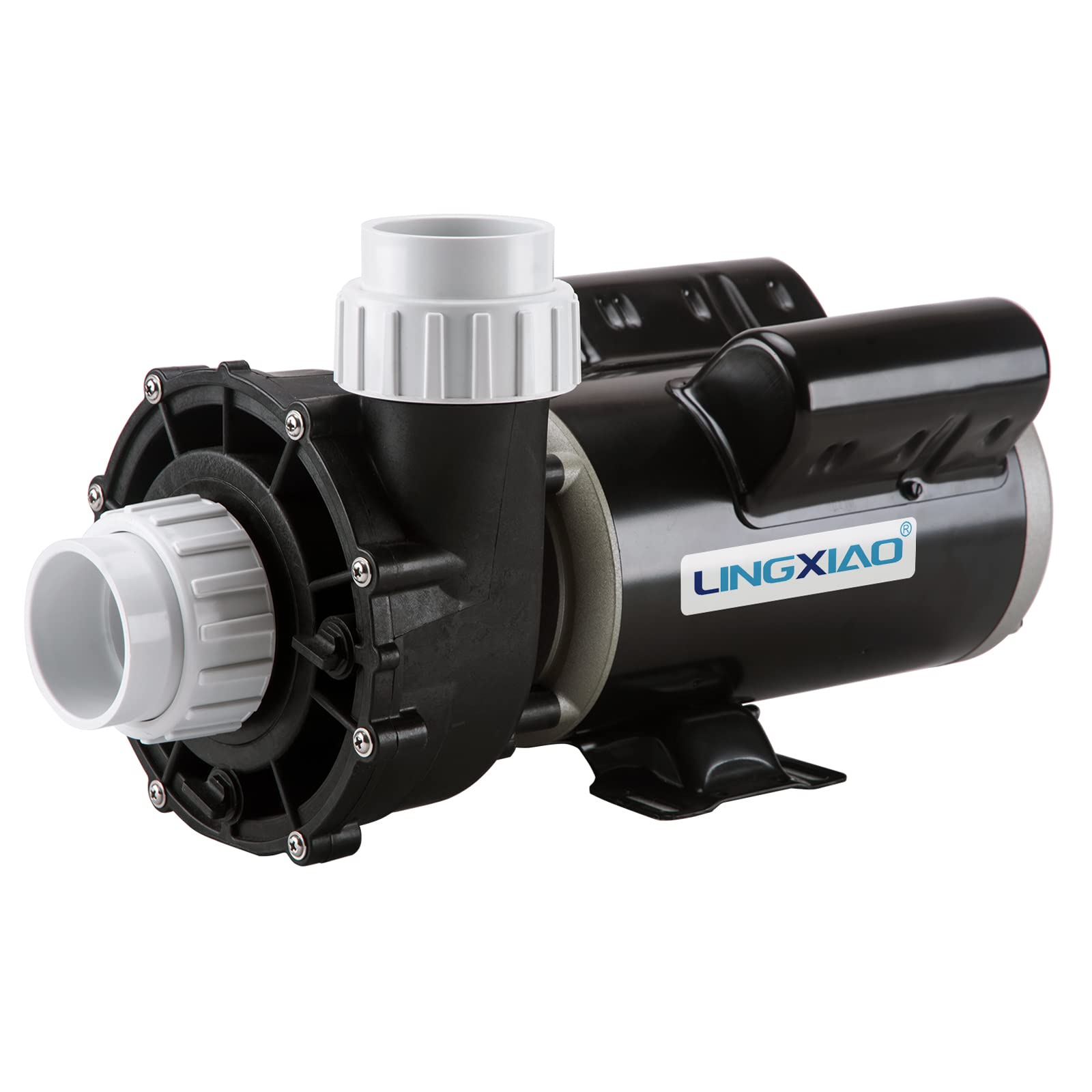 LINGXIAO spa pump front view showing ports and mounting, clear replacement fit