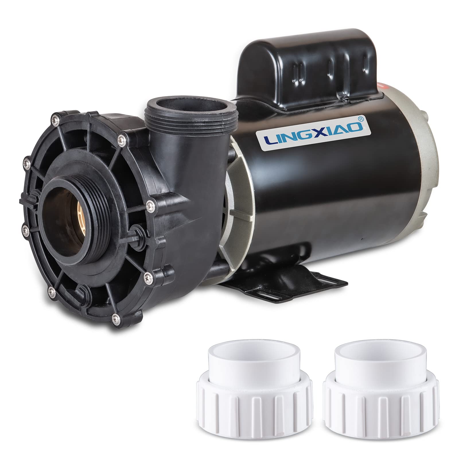 LINGXIAO spa pump front view showing compact housing and easy mount benefit