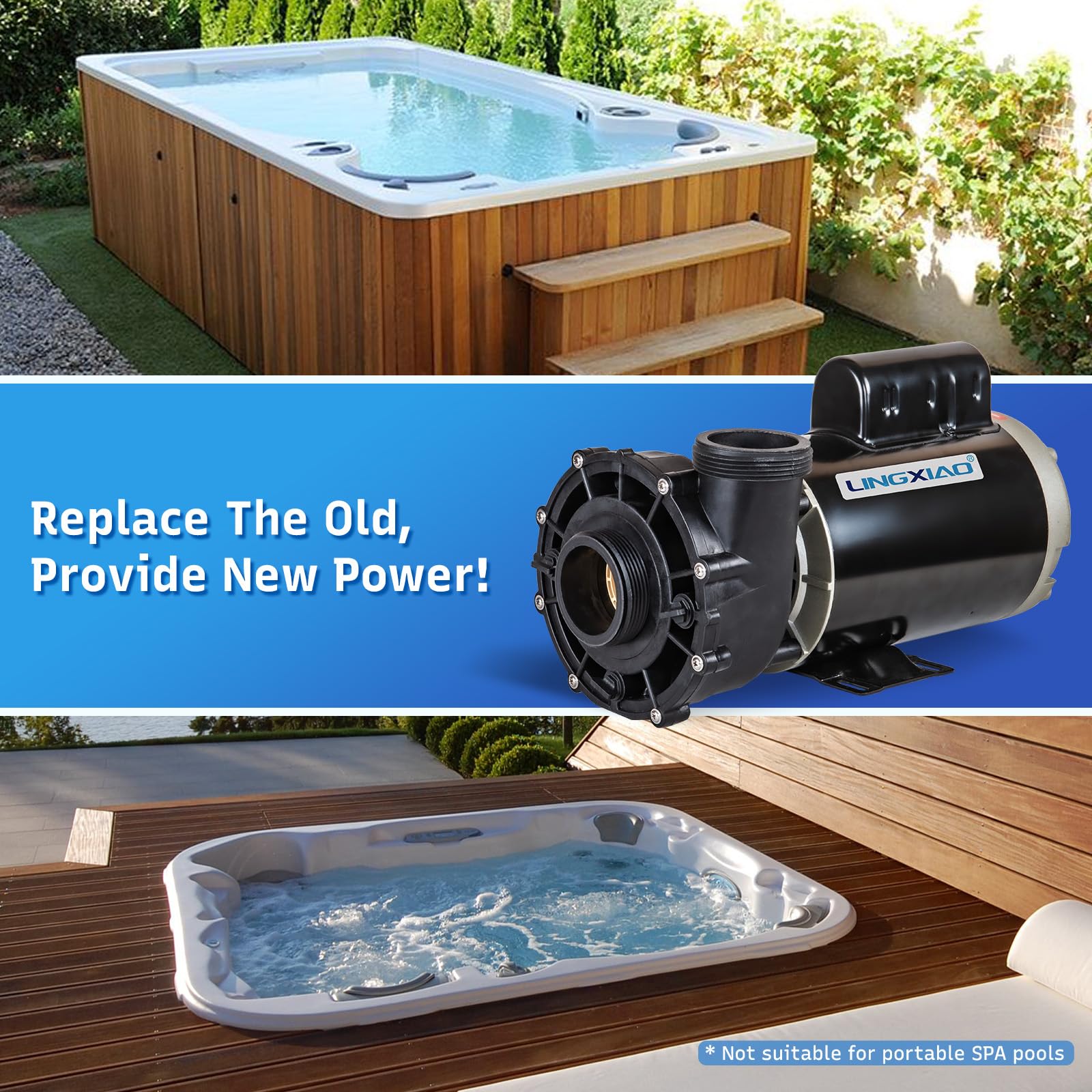 LINGXIAO spa pump nameplate showing model and voltage for accurate compatibility benefit