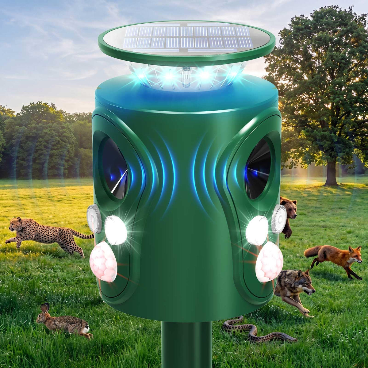 LINKET front view mounted in garden showing deterrent coverage and easy installation benefit