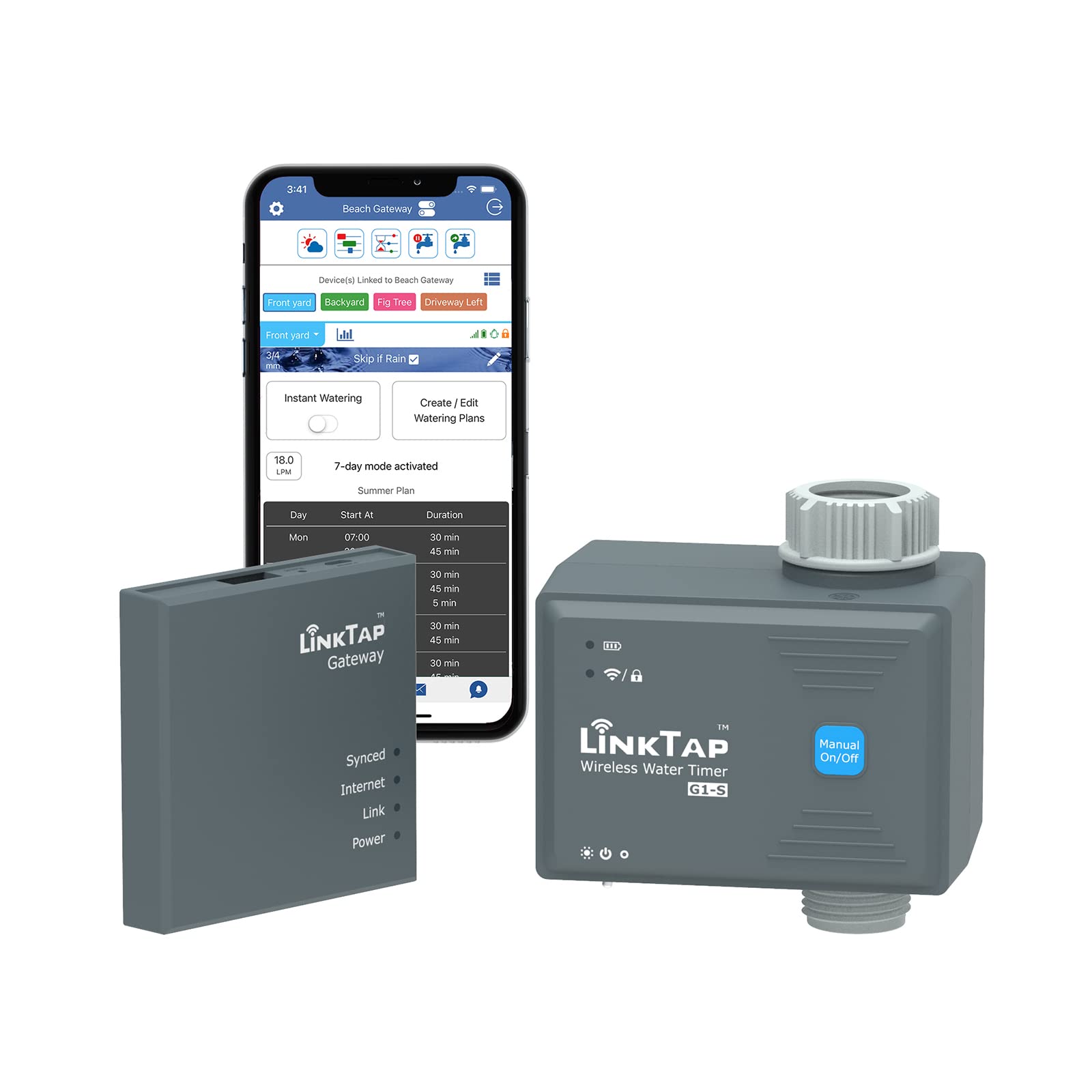 LinkTap G1S front view showing controls and durable housing for reliable irrigation