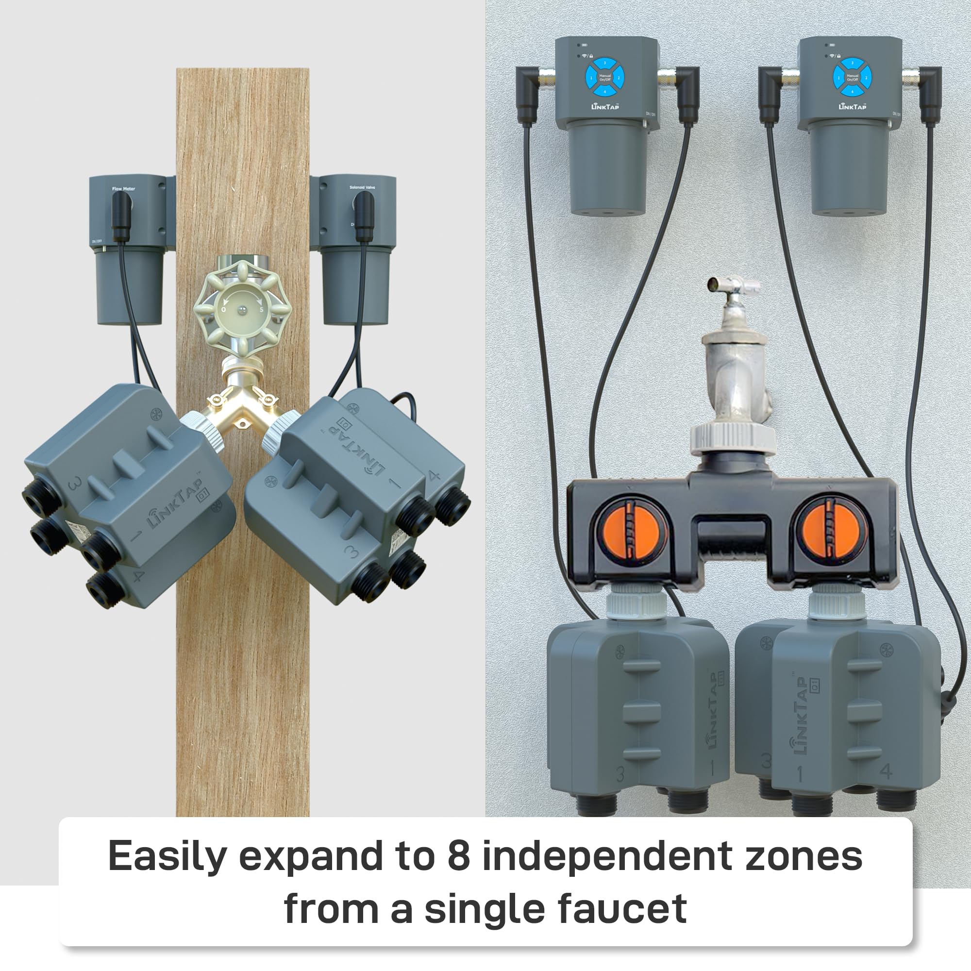 LinkTap flow meter display showing per-zone readings to detect leaks quickly