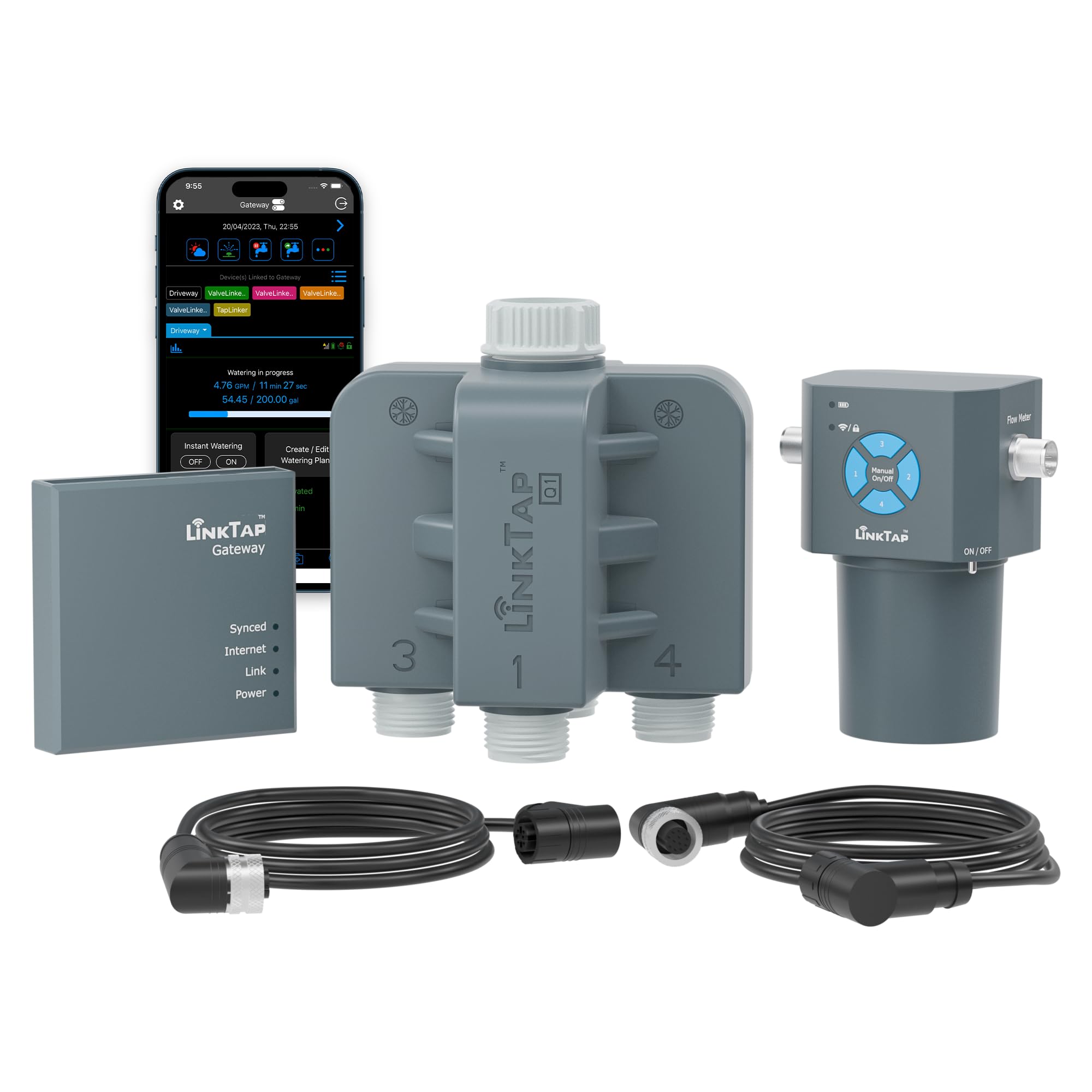 LinkTap Q1 front view showing four-zone valve unit and gateway for durable control