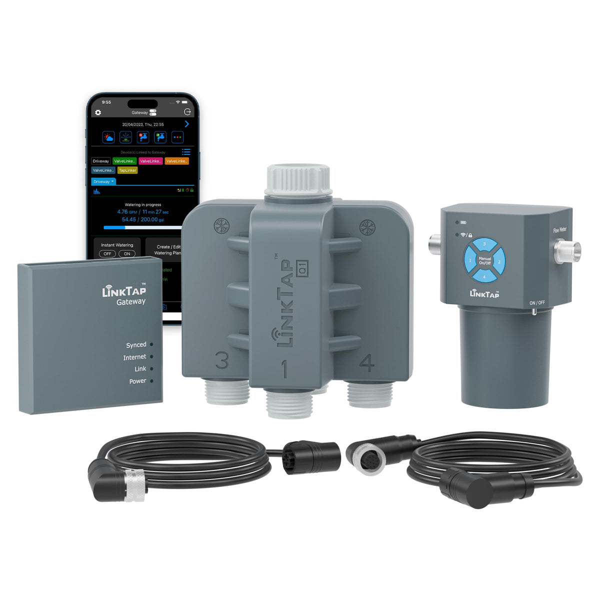 LinkTap Q1 front view showing four-zone valve unit and gateway for durable control