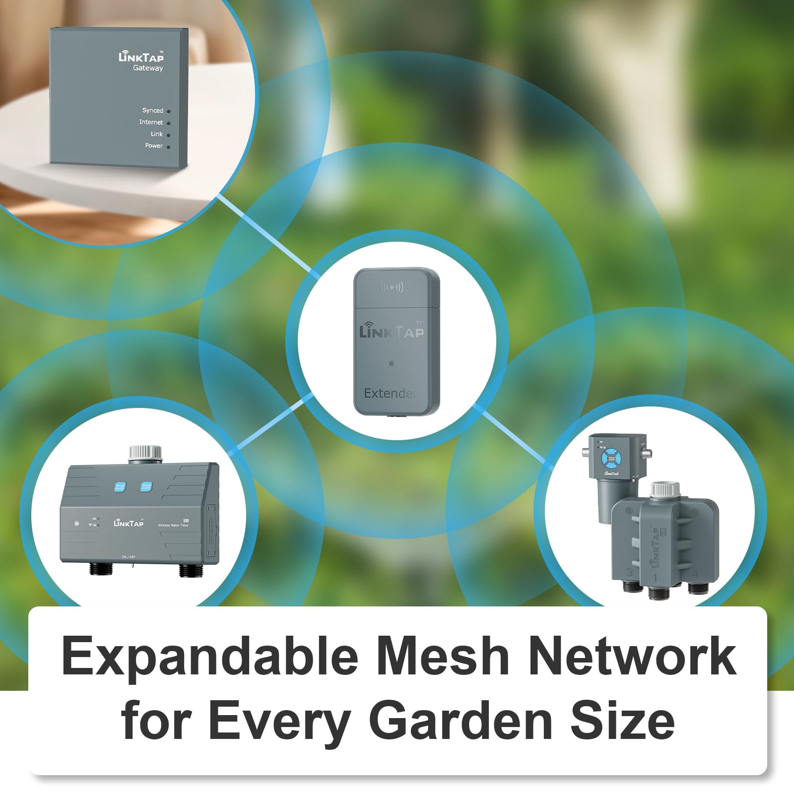 LinkTap installed in a garden setting showing tidy multi-zone irrigation management