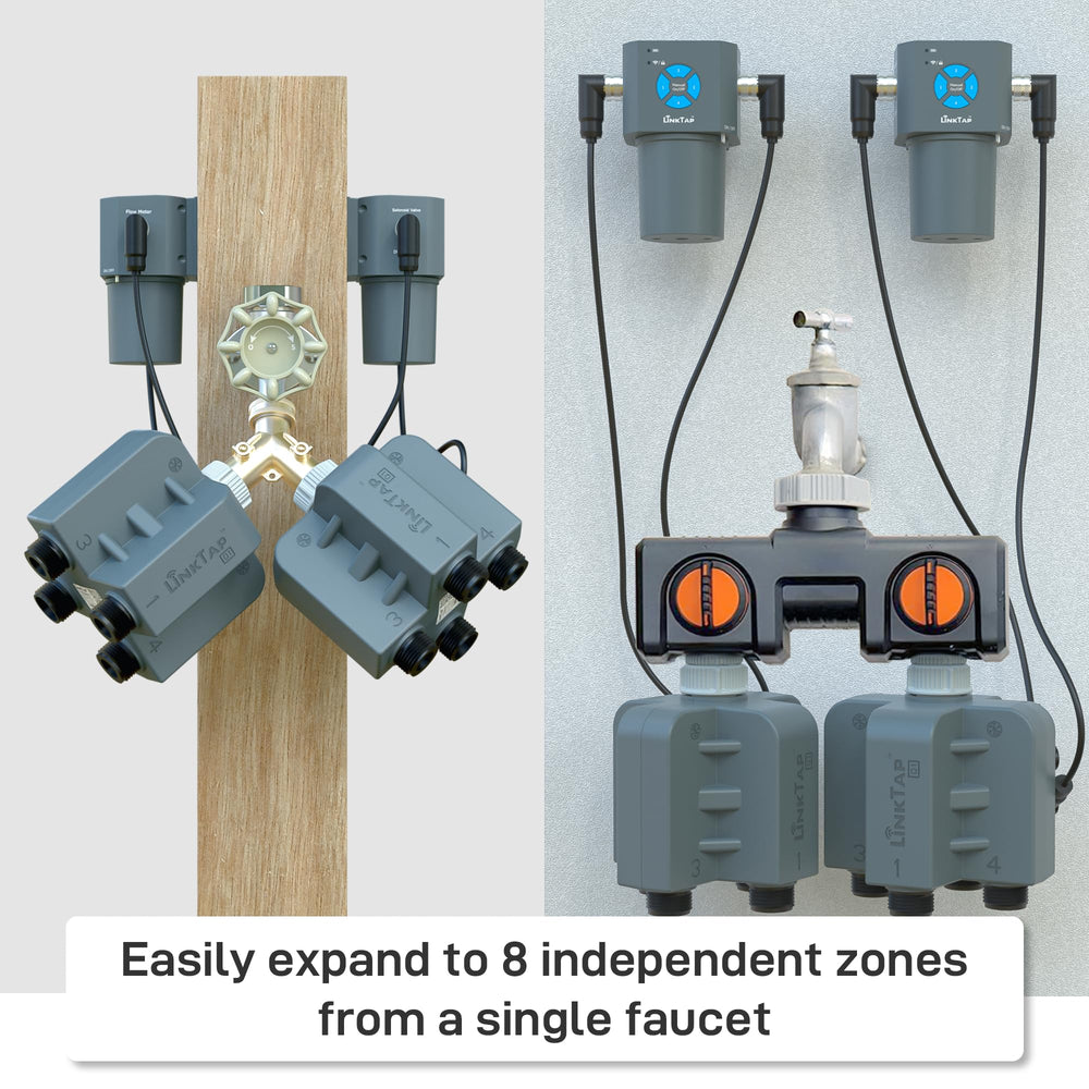 LinkTap Q1 power options comparison showing battery and DC converter flexibility