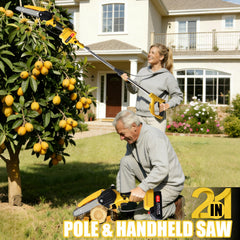 Linotltie pole saw extended showing reach to high branches for safe pruning
