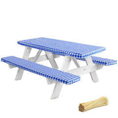 LINPRO front view of fitted 8ft blue gingham table cover showing neat fit and protection