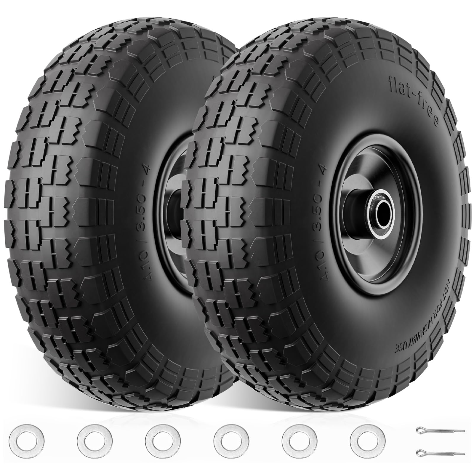 Linpuco front view of 10-inch flat-free wheel showing tread and hub for reliable hauling