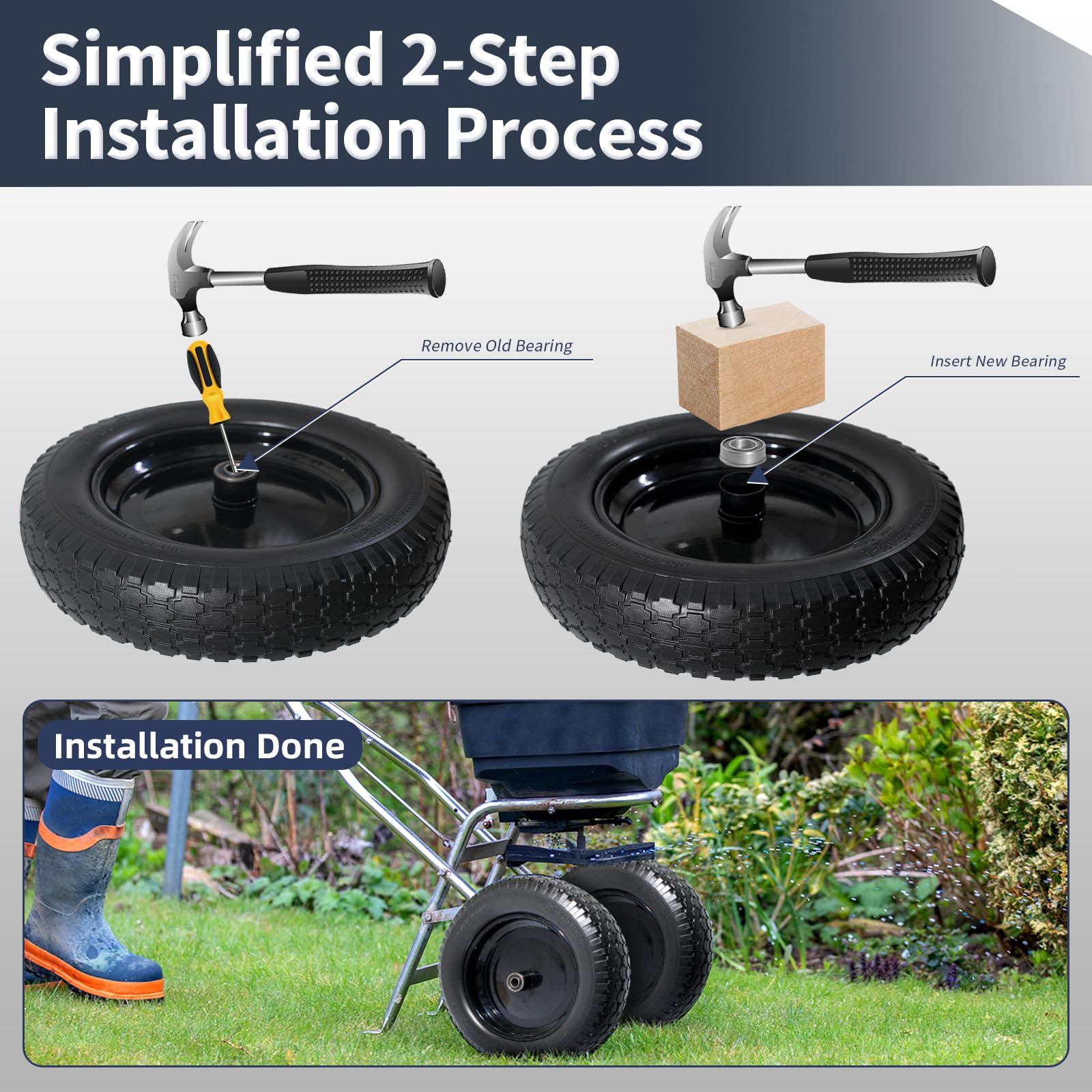 Linpuco wheel installed on wheelbarrow illustrating quick replacement benefit