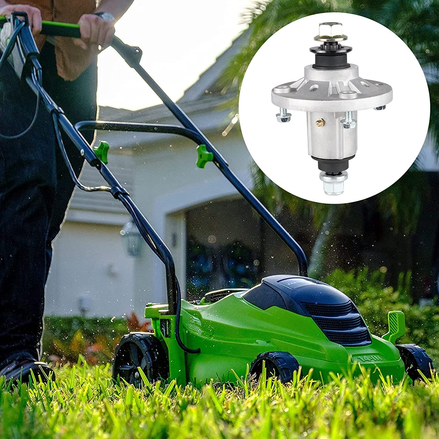 Linstaine spindle on mower in yard setting, ready-to-install for improved mowing results