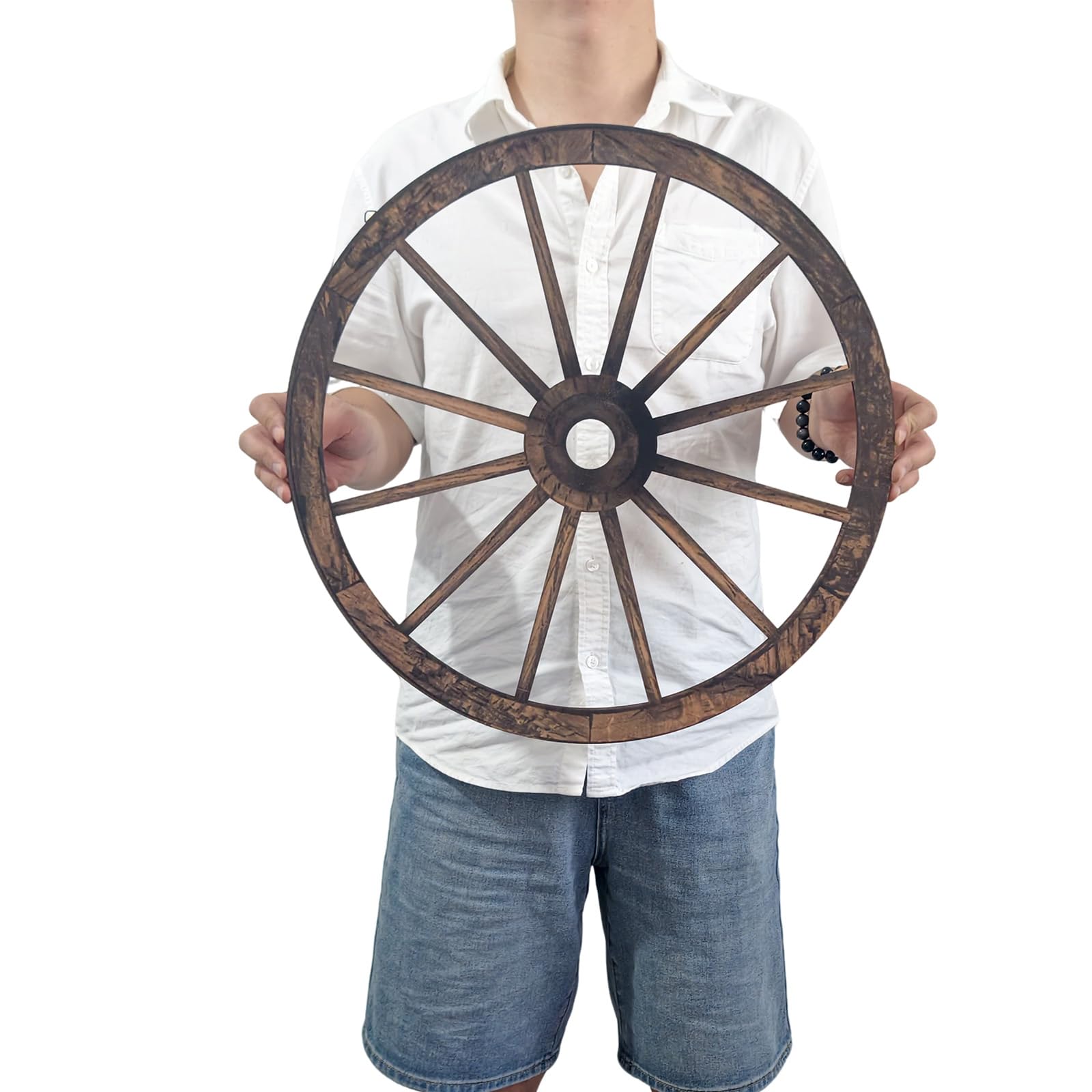 linsuo front view of two wagon wheels showing rustic charm and focal appeal