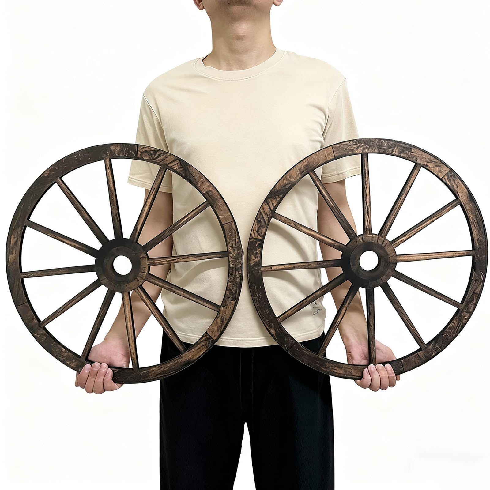 linsuo wagon wheels displayed on a patio wall creating vintage ambiance