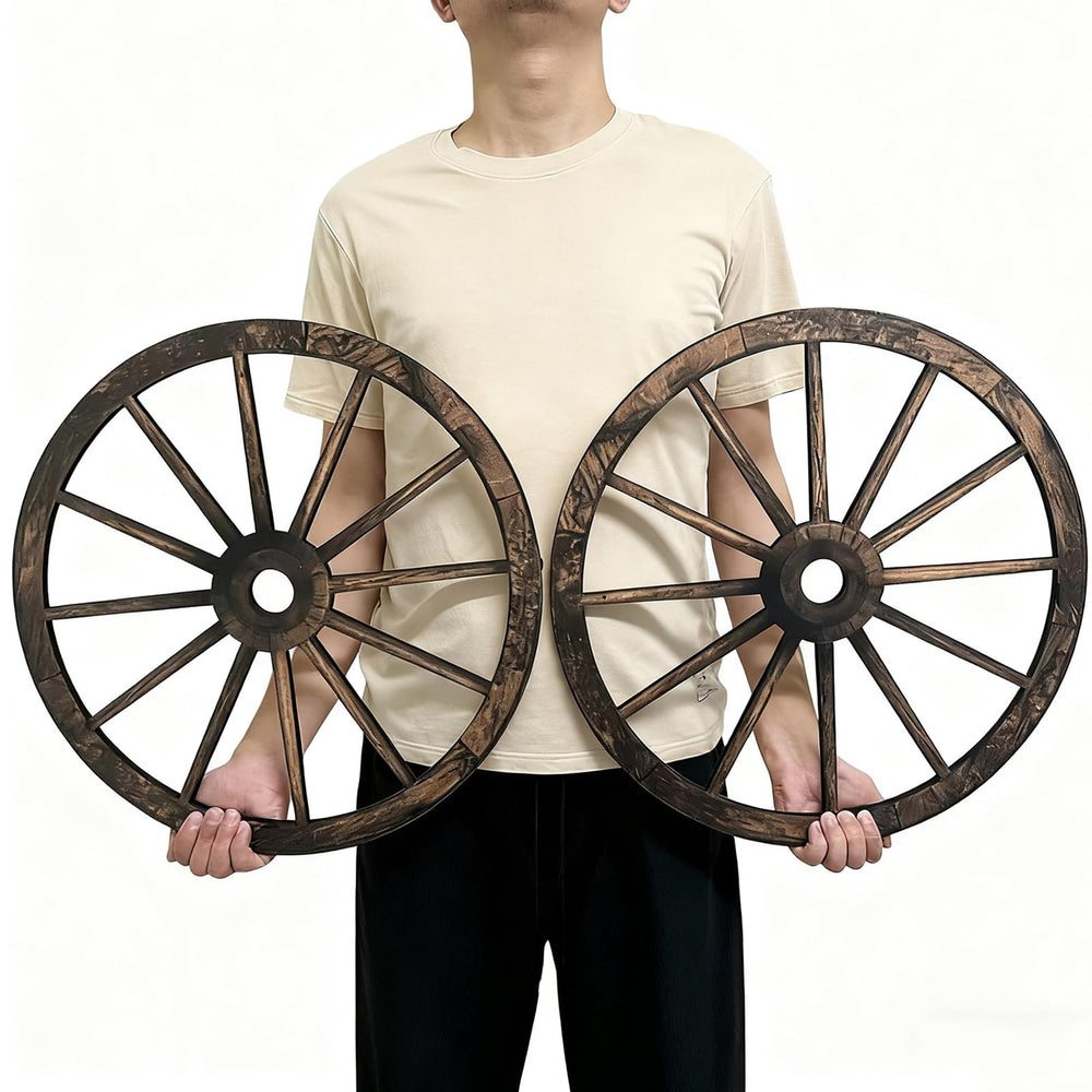 linsuo wagon wheels displayed on a patio wall creating vintage ambiance
