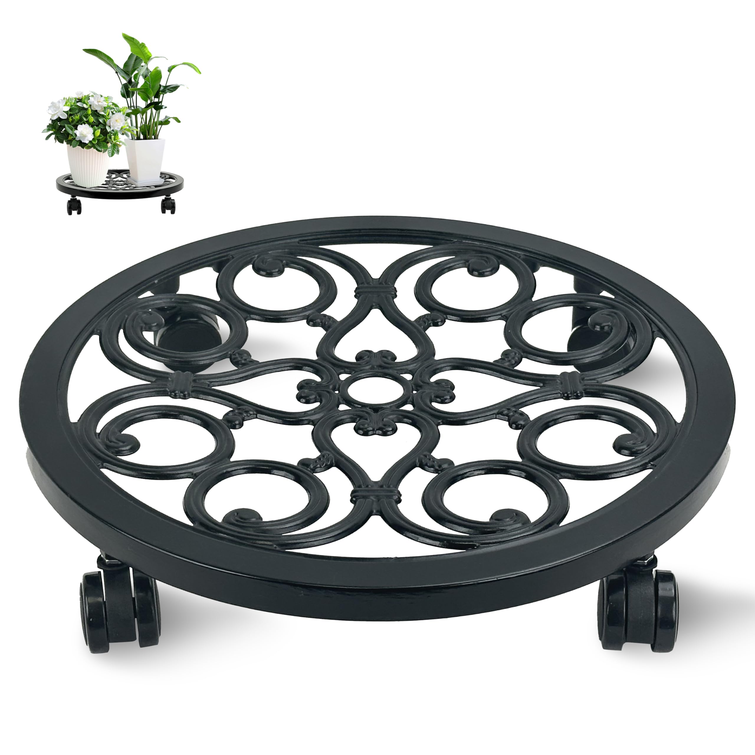 Linton Arts front view showing full aluminum caddy and elegant cut-out design protecting planter