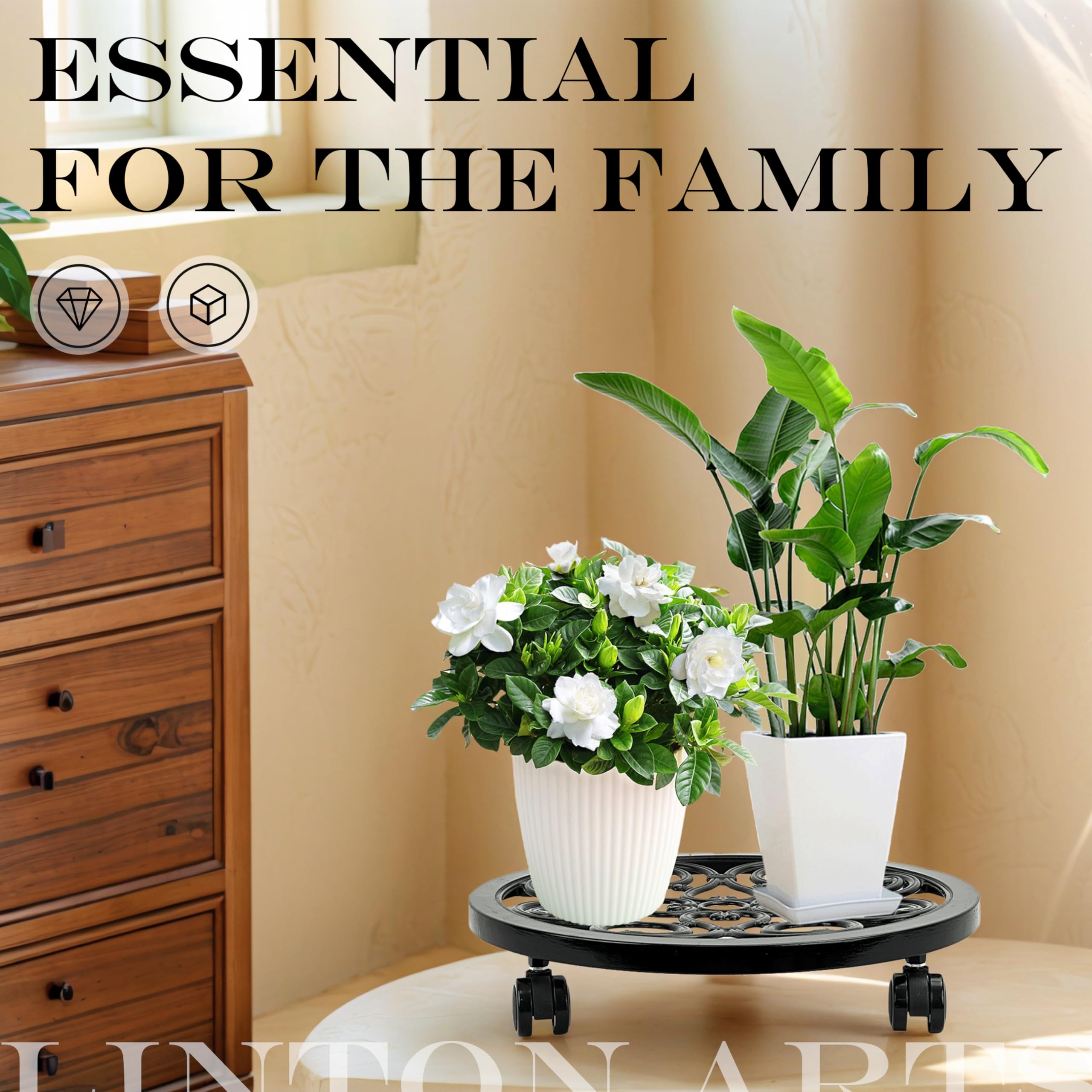 Linton Arts next to a standard pot displaying 15-inch diameter and 220 lb support