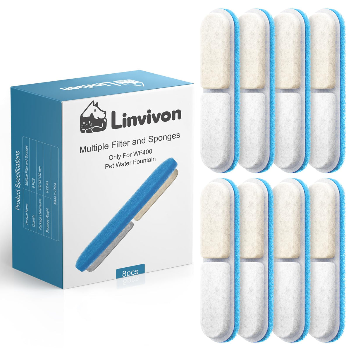 Linvivon filter front packaging showing 8-pack and compatibility benefits