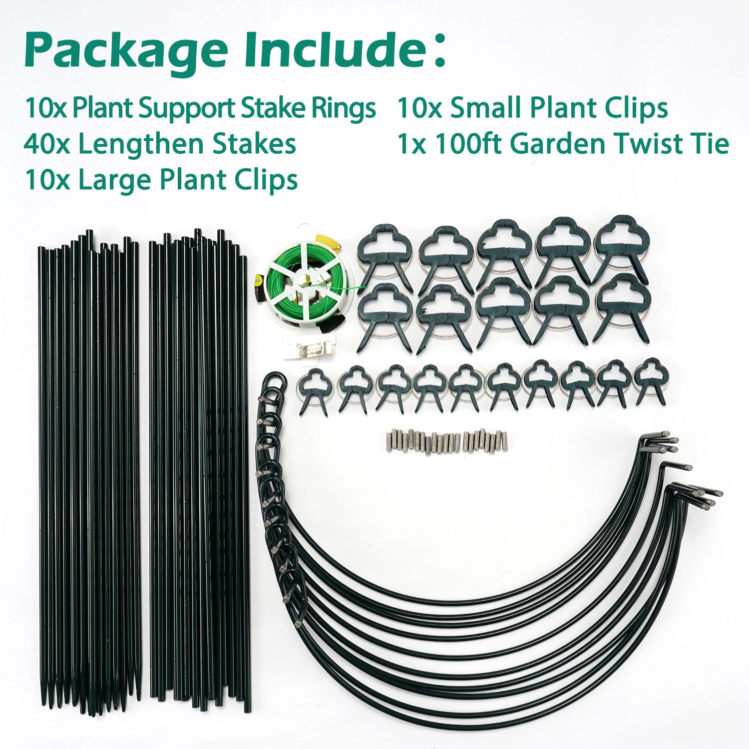 Linyona overhead of package contents showing stakes, clips, extensions, ties