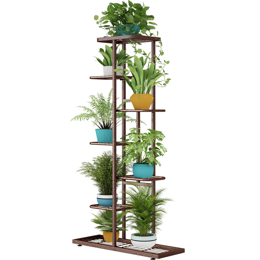LINZINAR front view showing seven-tier metal plant stand and space saving benefit