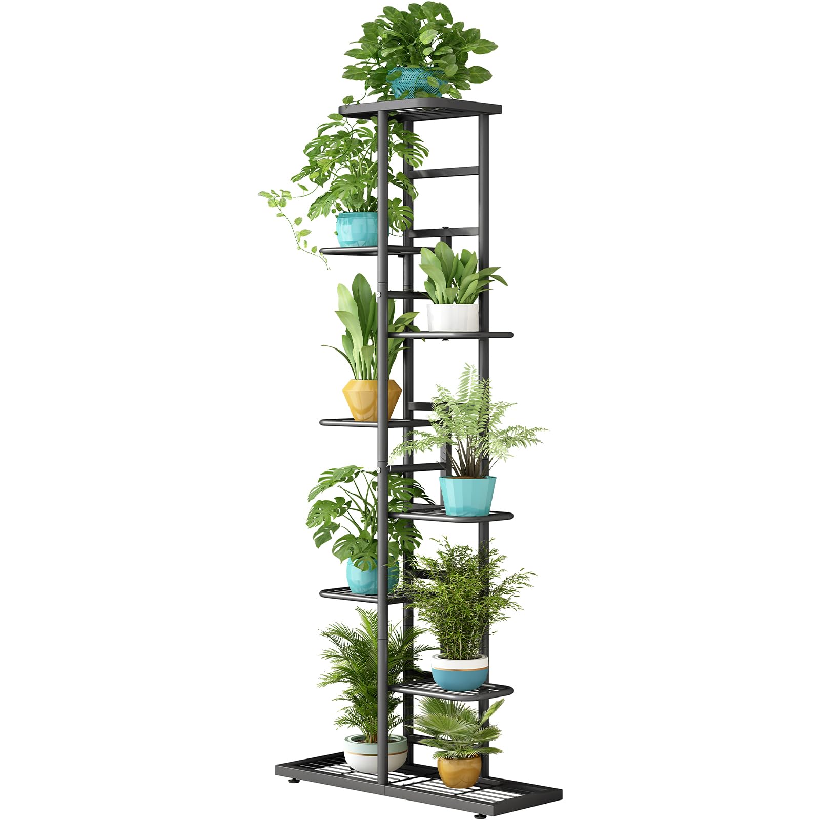 LINZINAR front view showing eight-tier metal plant stand and space-saving display benefit