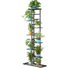 LINZINAR front view showing eight-tier metal plant stand and space-saving display benefit