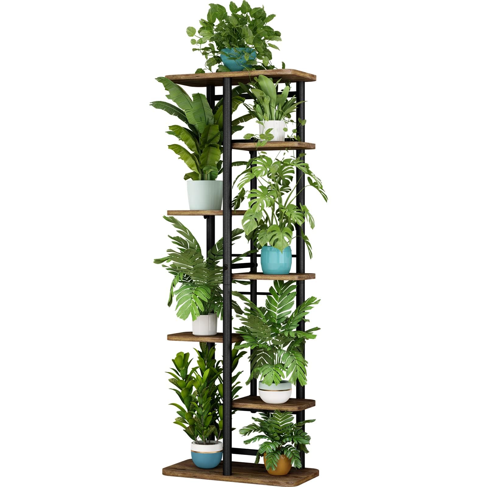 LINZINAR front view of 7-tier plant stand showing space-saving benefit