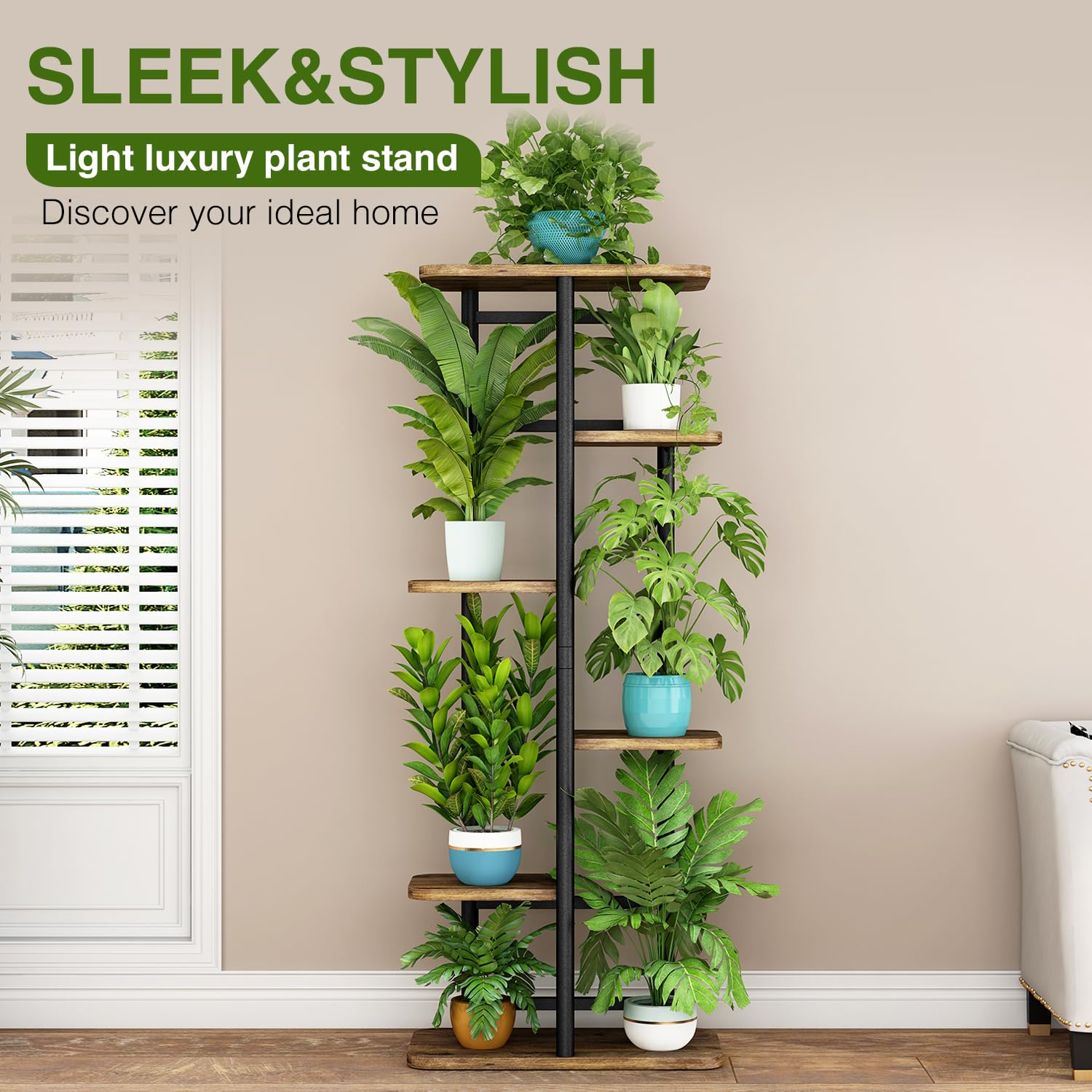 LINZINAR plant stand in use holding assorted potted plants for display