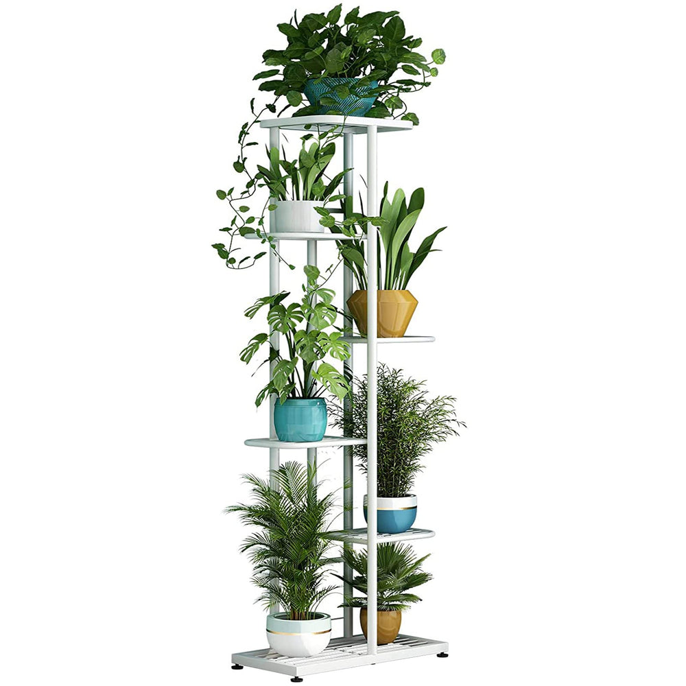 LINZINAR front view of 6 tier plant stand showing compact display benefit