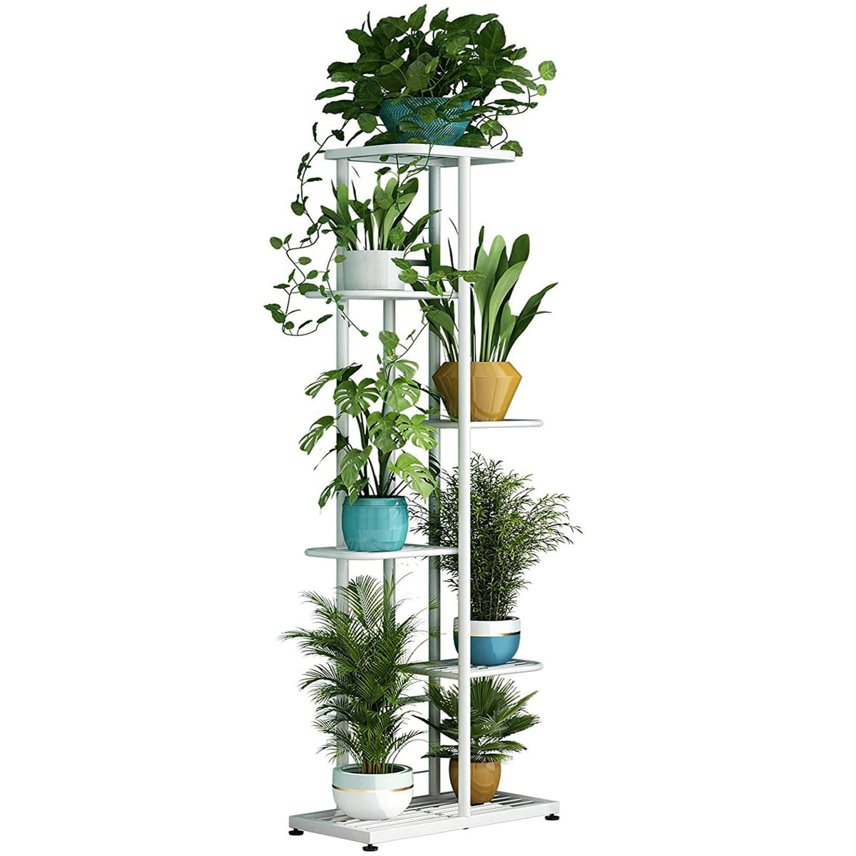 LINZINAR front view of 6 tier plant stand showing compact display benefit