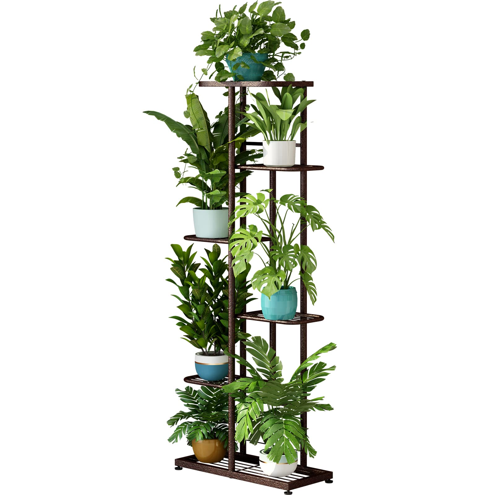 LINZINAR front view showing six-tier metal plant stand providing compact display