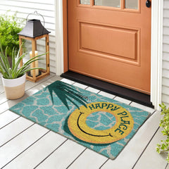 Liora Manne front view showing aqua design and welcoming message, enhances curb appeal