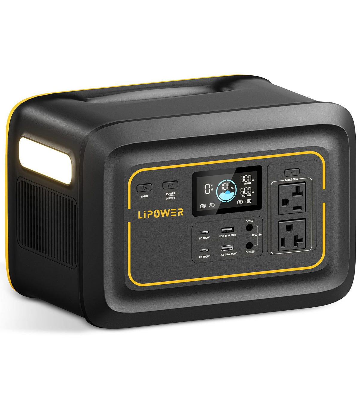 LIPOWER TP300V2 front panel view showing outputs and status for easy use