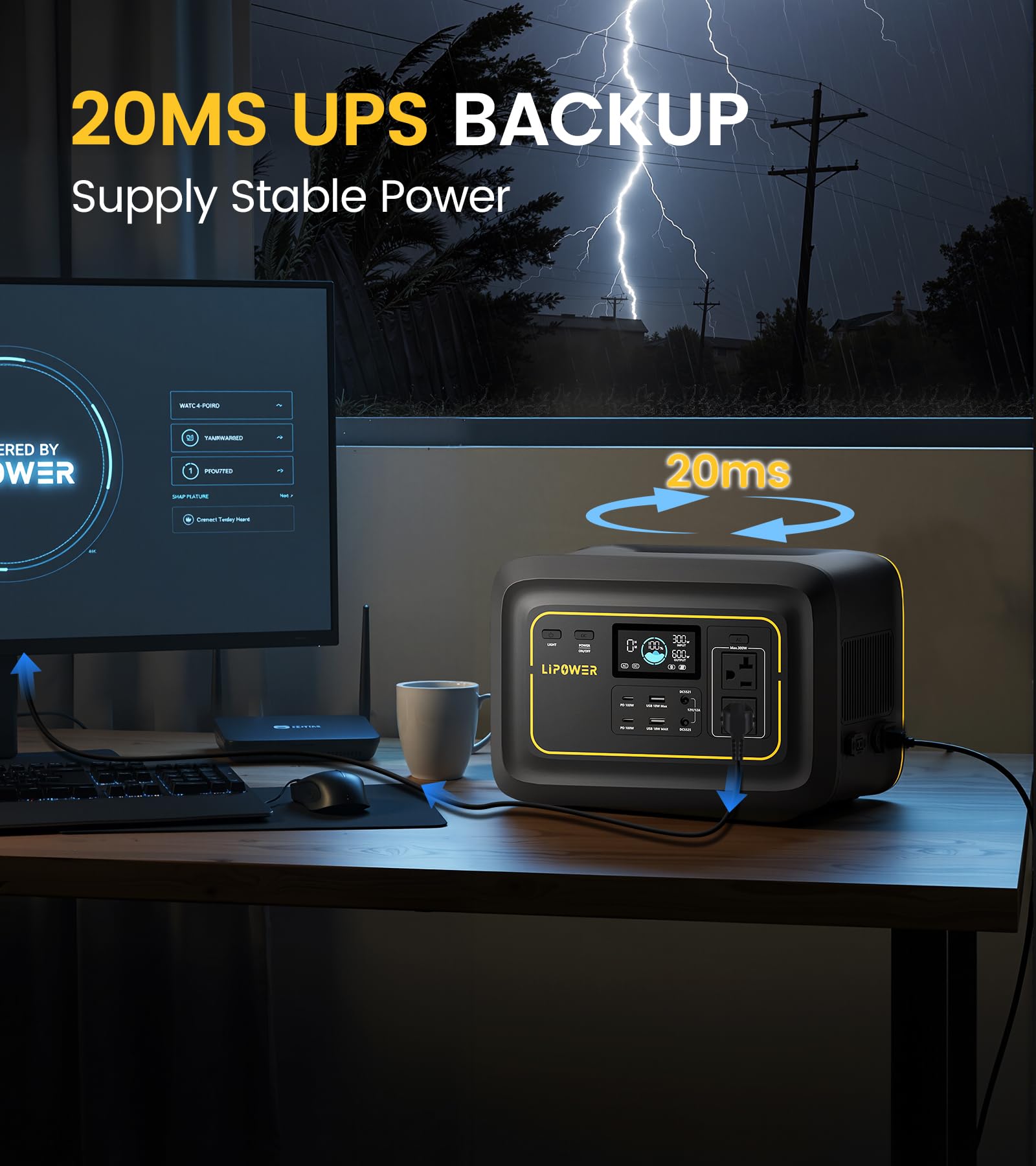 LIPOWER TP300V2 charging a laptop showing reliable workstation backup power