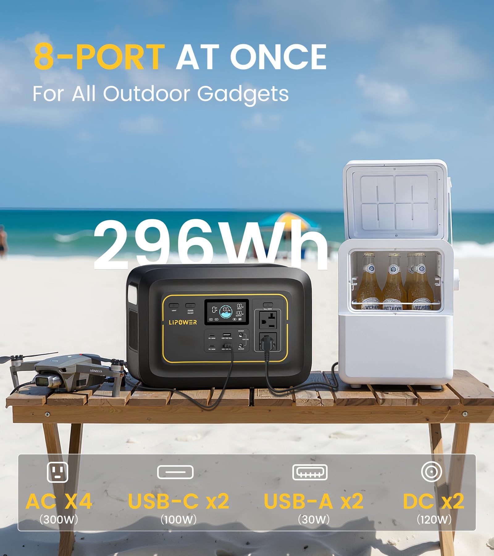 LIPOWER TP300V2 close-up of AC, PD USB-C and car ports offering versatile charging