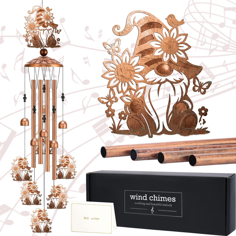 LIRAVENO front view showing full gnome wind chime and balanced design benefits