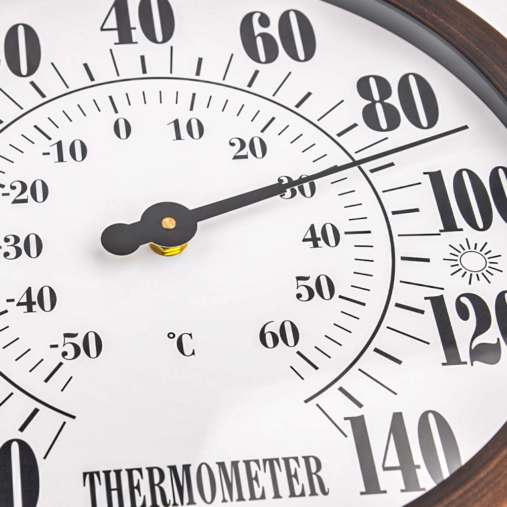 Lirches closeup of dial showing sun and snow graphics and precise temperature reading