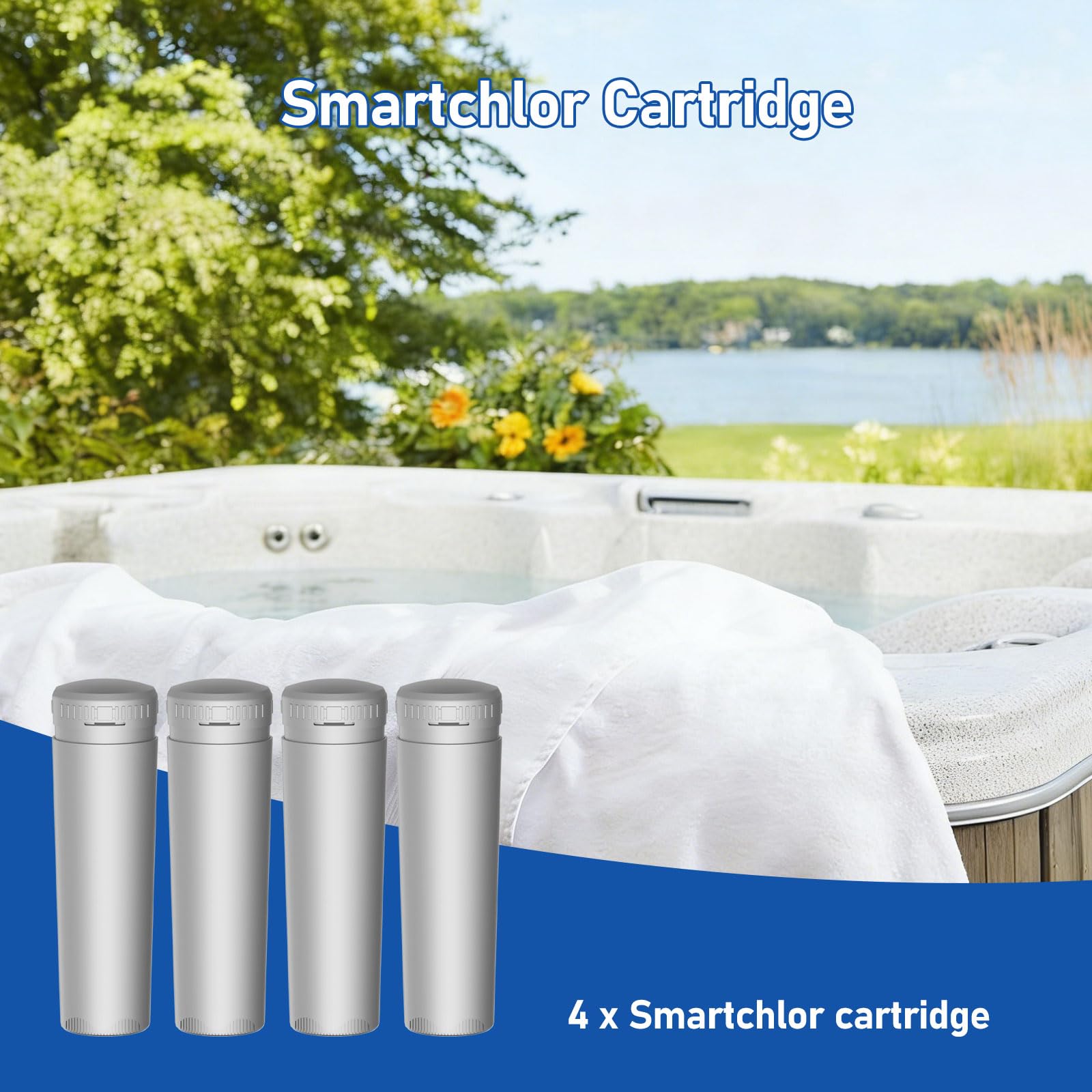 Lisyee cartridges beside spa demonstrating clearer softer water benefit