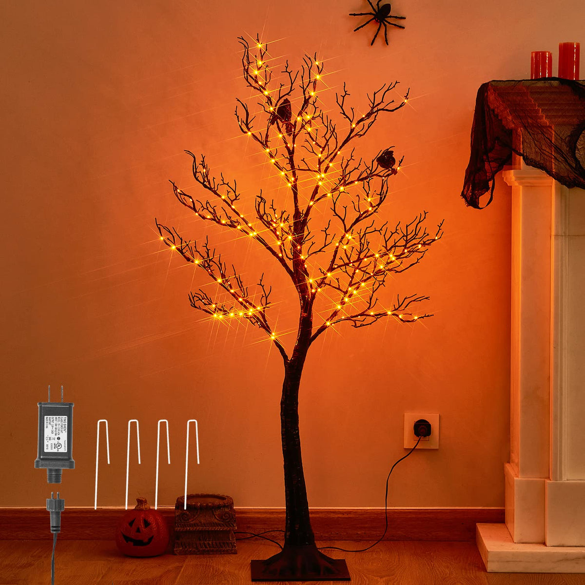 LITBLOOM front view of 4ft lighted Halloween tree showing orange glow