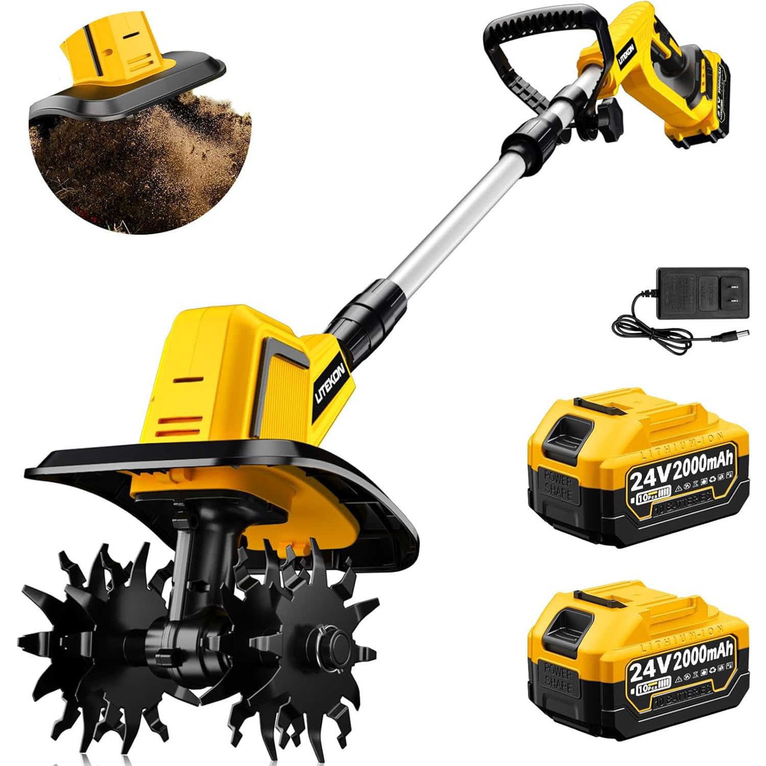 LITEKON front view showing compact cordless tiller, highlighting portability and control