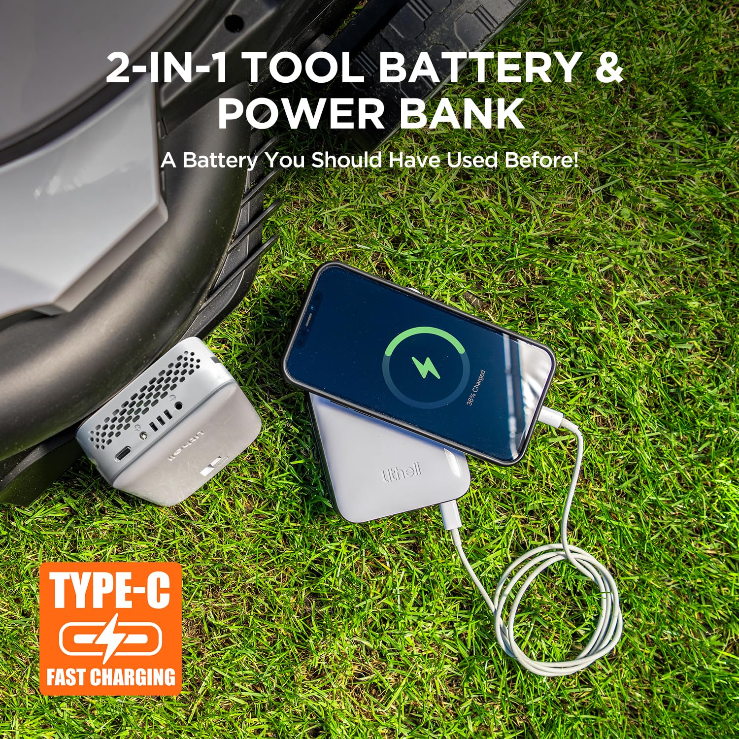 LiTHELi accessories layout with battery and cable showing ready-to-use convenience
