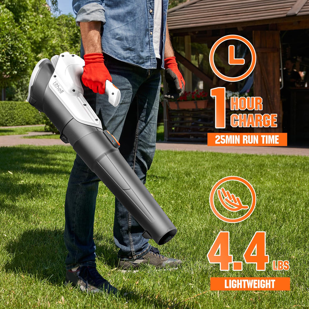 LiTHELi battery attached to blower showing quick-change battery convenience
