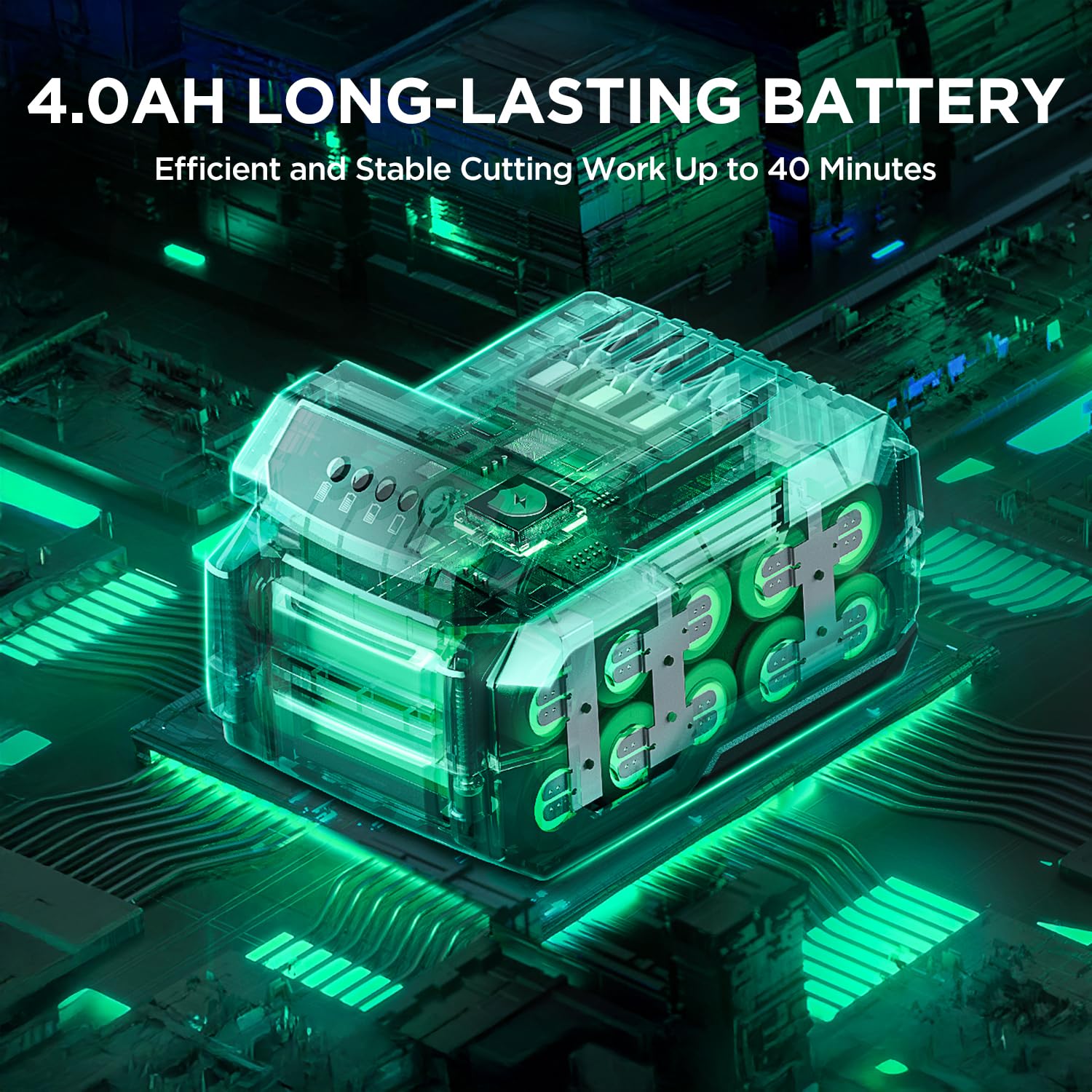 LiTHELi battery and charger displayed highlighting long runtime benefit