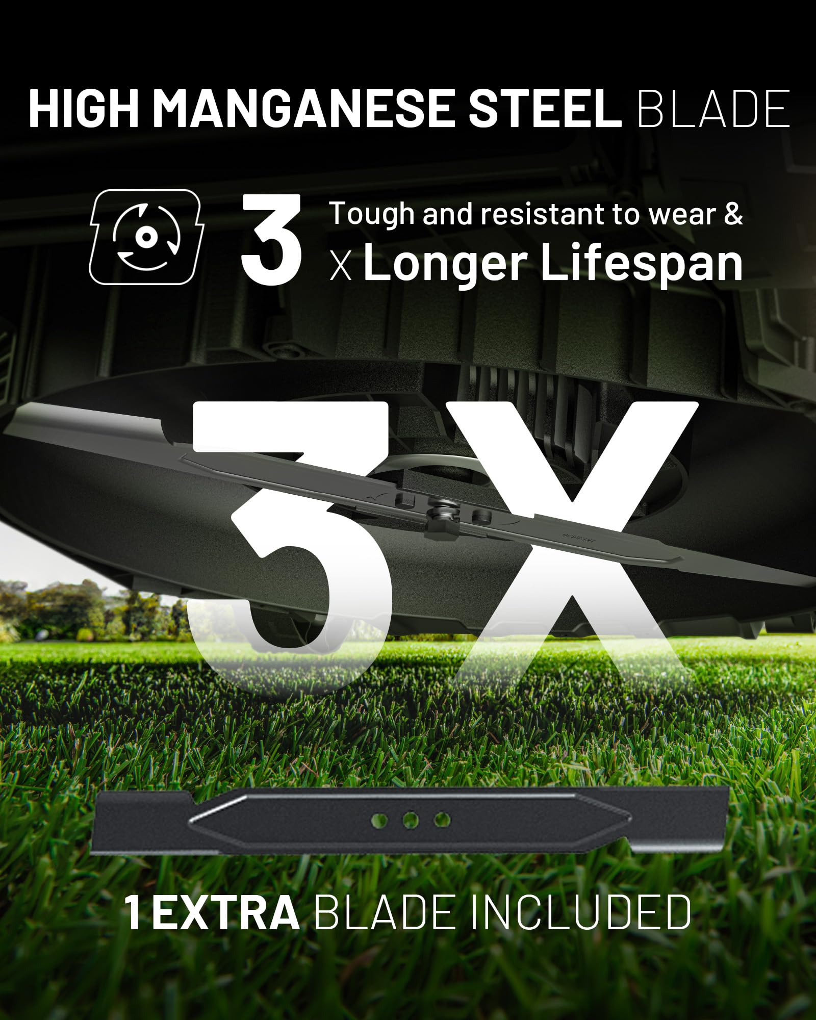 LiTHELi cutting deck detail highlighting 14-inch blade and durable construction benefit