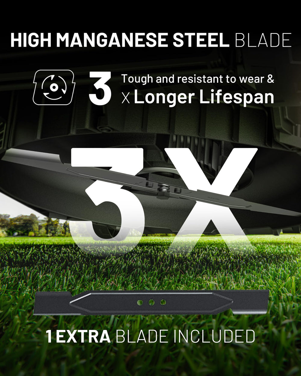 LiTHELi cutting deck detail highlighting 14-inch blade and durable construction benefit