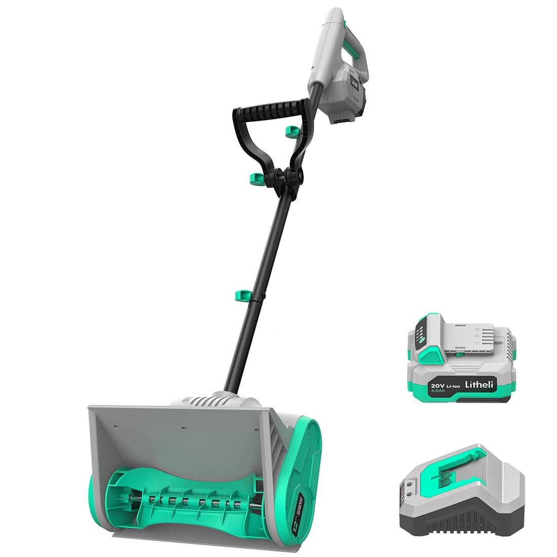 LiTHELi front packaging showing the cordless snow shovel and included battery for quick identification