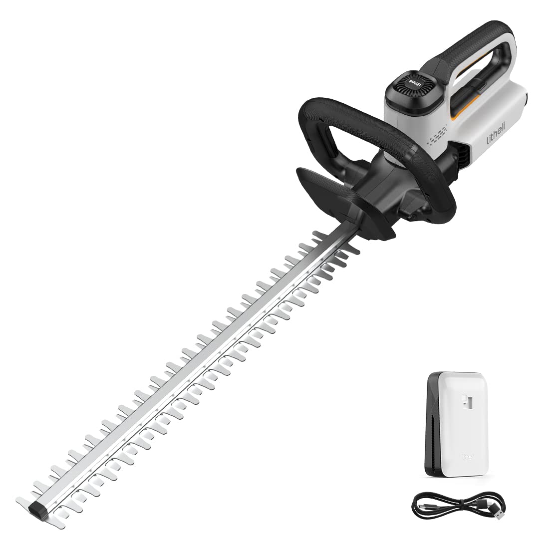 LiTHELi front view of 20-inch hedge trimmer showing compact design and balance