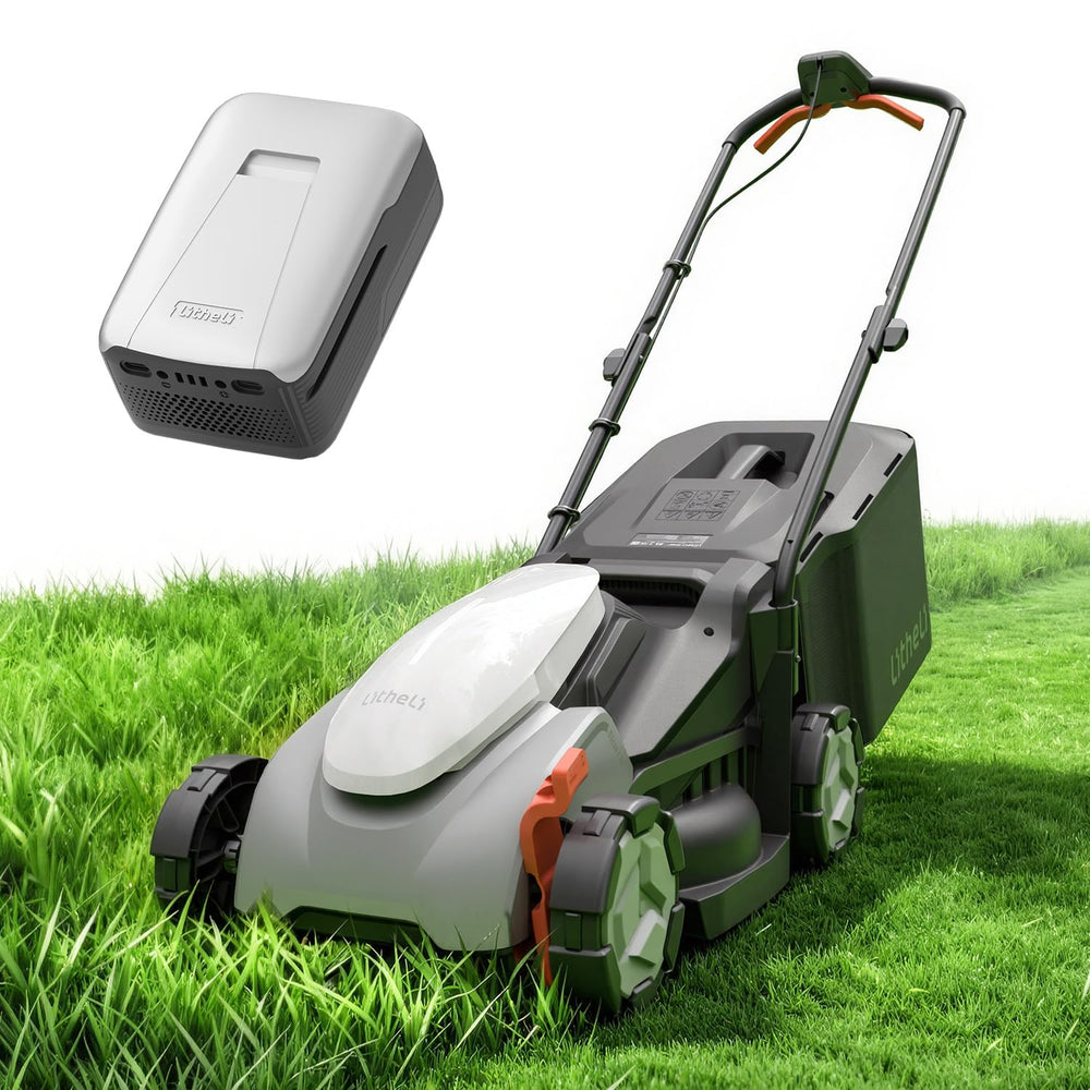 LiTHELi front view of mower showing compact deck and controls for easy handling