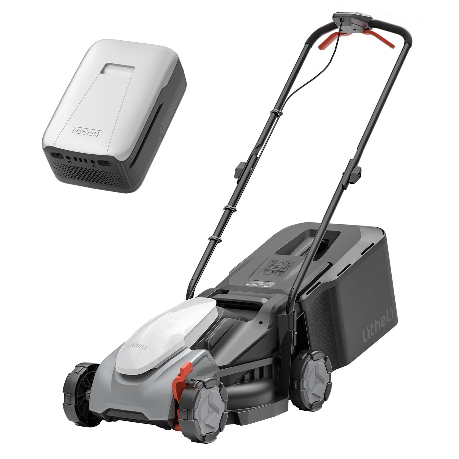 LiTHELi front view of mower showing compact 14-inch deck and easy maneuvering benefit