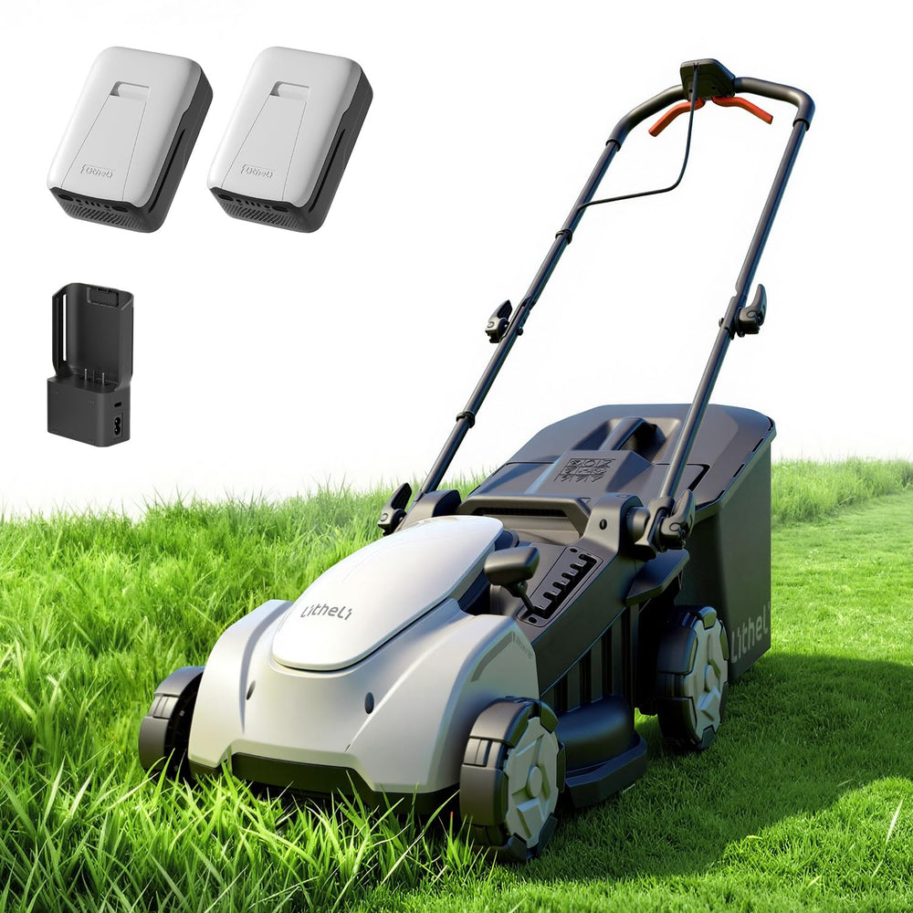 LiTHELi front view of mower showing compact deck and sleek frame for easy maneuvering